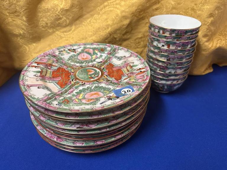 Chinese Rose Medallion Style Porcelain Plates and Bowls