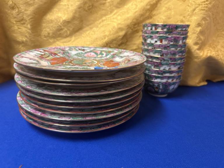 Chinese Rose Medallion Style Porcelain Plates and Bowls - Image 4
